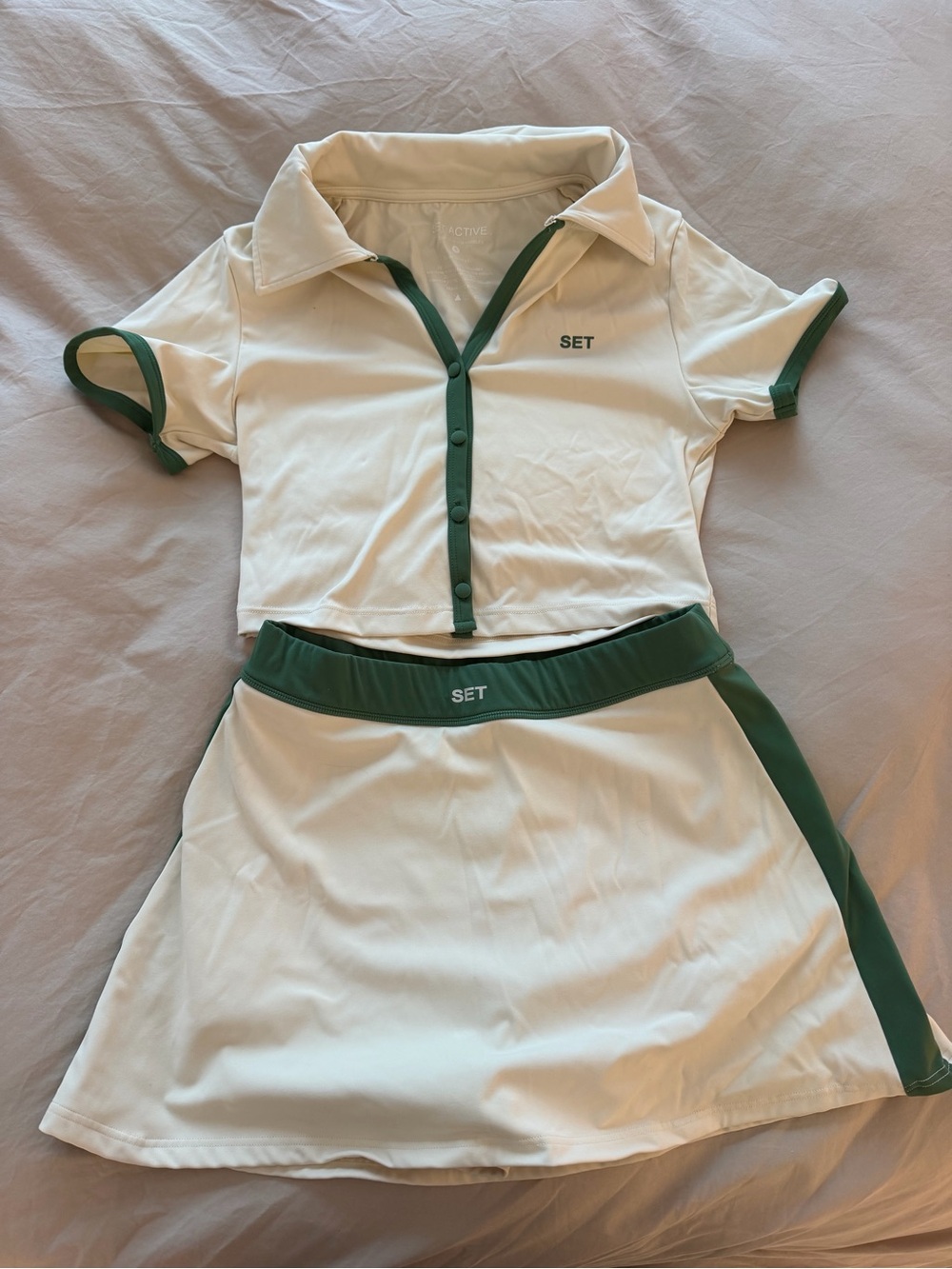 SET Active Cream and Forest Green Cropped Polo Skirt Set